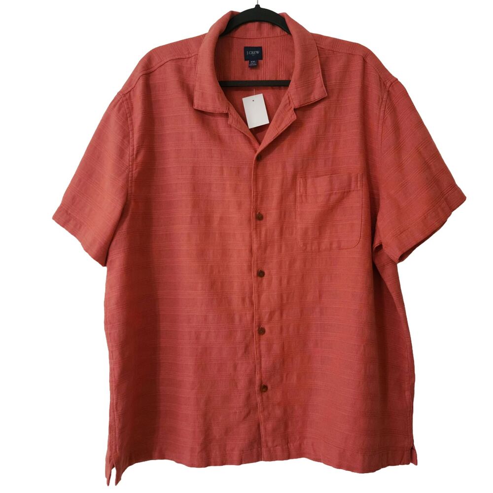 NWT J Crew Factory Men's XXL Linen Cotton Camp Shirt Pink Short Sleeve Button-Up